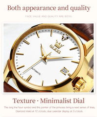 Womens Wrist Watch OLVES 6629 Automatic Mechanical Fashion Blue Dial Watches For women Leather Strap Waterproof Date