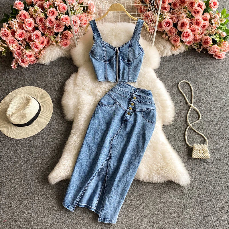 Summer Vintage Women Denim Sets Suspender Short Vest Top +High Waist Denim Skirts 2Pcs Suits Ladies Slim Jeans Skirt Sets