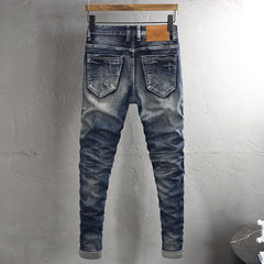 Italian Style Fashion Men Jeans High Quality Retro Washed Blue Stretch Slim Fit Vintage Ripped Jeans Men Designer Denim Pants