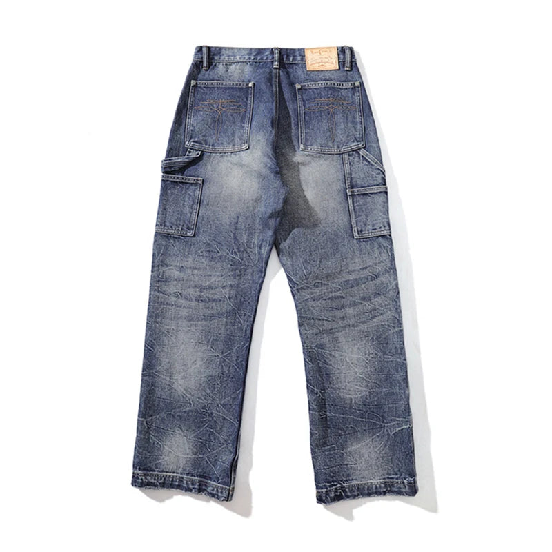 MBBCAR 16.5oz Selvedge Denim Jeans Men Double Knee Lumberjack Pants Destroy Washed Distressed High Waist Wide Leg Cargo Pants