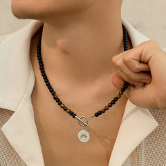 Tiger Eye Stone Beads with Sun Pendant Necklace for Men Trendy Accessories on the Neck Collar Fashion Jewelry Male Gift