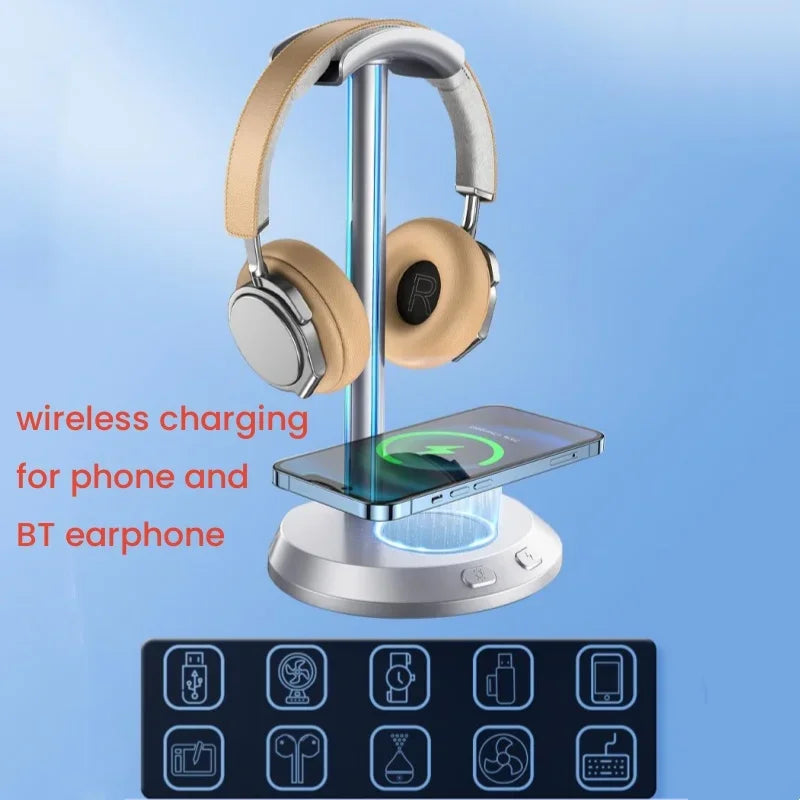 RGB Lights Headset Hanger Headphones Stand for Gaming PC Accessories with 15W Wireless Charge Type C USB Ports Earphone Holder