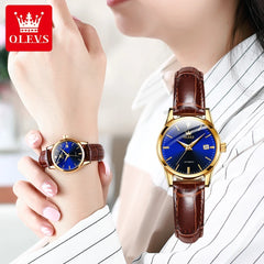 Womens Wrist Watch OLVES 6629 Automatic Mechanical Fashion Blue Dial Watches For women Leather Strap Waterproof Date
