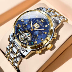Men Automatic Watch Skeleton 5 Hands Mechanical Classic Luxury Multi Calendar Stainless Steel Waterproof Wrist Watch for Men