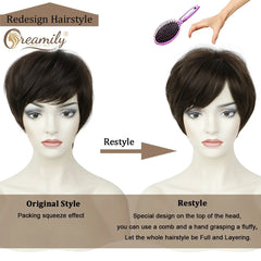 8" Black Wigs for Women Pixie Cut Wigs Synthetic Short Pixie Wigs with Bangs Wefted Wig Caps