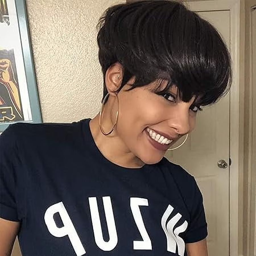 8" Black Wigs for Women Pixie Cut Wigs Synthetic Short Pixie Wigs with Bangs Wefted Wig Caps
