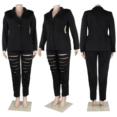 Plus Size Hollow Out Matching Set Women Solid Suit Jacket Female Winter Pencil Pant Lady Elegant Outfit Two Piece Pant Set