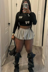 Women Fashion 2 Piece Set Bow Decor O-neck Long Sleeve T-shirts Crop Tops + Mini Plaid Puffy Shorts Skirts Casual Street Suits