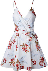 Women Dress Summer V Neck Mini Floral Print Swing Dress Sleeveless Spaghetti Strap Skater Dresses with Belt