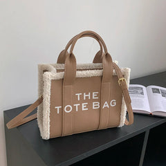 Winter Khaki Tote Bag PU Leather Female Handbags Soft Lamb Wool Stitching Top-Handle Bags Fashion Small Crossbody Bags Purse