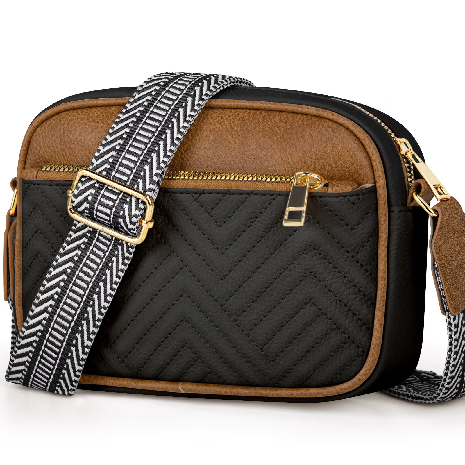 Crossbody Bags for Women, Quilted Crossbody Bags, Vegan Leather Purses Small Shoulder Handbags with Colorful Wide Strap, Trendy Design Shoulder Purse for Travel, Black & Brown