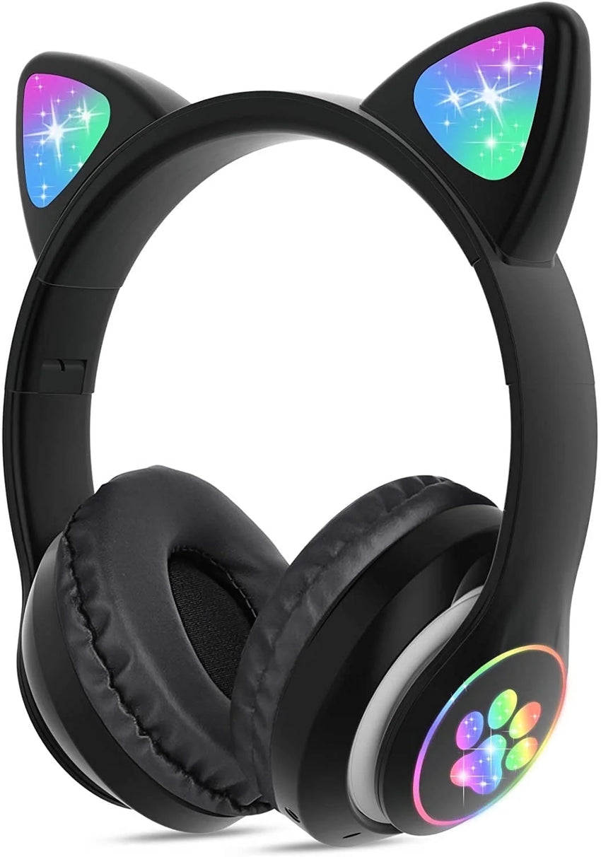 Kids Headphones, Cat Ear Wireless Headphones, LED Light up Kids Bluetooth Headphones over on Ear Black