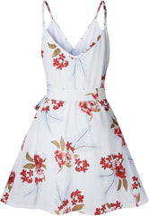 Women Dress Summer V Neck Mini Floral Print Swing Dress Sleeveless Spaghetti Strap Skater Dresses with Belt