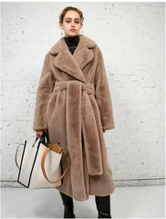 Faux Fur Furry Long Coat Women With Belt Thickened Warm Turndown Collar Female Plush Jacket Autumn Winter Fashion Lady Overcoat