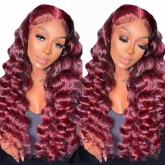 99J Loose Wave Lace Front Wigs Human Hair Pre Plucked Burgundy Loose Deep Wave 13X4 Hd Lace Front Wigs Human Hair for Women 180% Density 99J Burgundy Glueless Deep Wave Wig 22 Inch