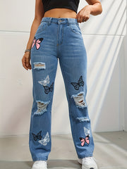 High Waisted Straight Leg Jeans For Women Trendy Butterfly Denim Pants