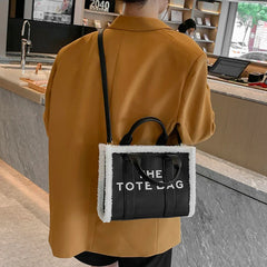 Winter Khaki Tote Bag PU Leather Female Handbags Soft Lamb Wool Stitching Top-Handle Bags Fashion Small Crossbody Bags Purse