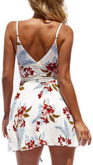 Women Dress Summer V Neck Mini Floral Print Swing Dress Sleeveless Spaghetti Strap Skater Dresses with Belt