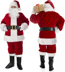 Christmas Santa Claus Costume with Beards Santa Suit Adult Men Deluxe 9PCS Complete Deluxe Santa Outfit Set Burgundy
