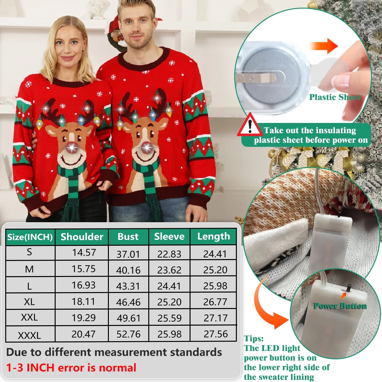 Ugly Christmas Sweater for Women Men,Light up Christmas Sweater,Funny Unisex Reindeer Xmas Ugly Sweaters for Couples