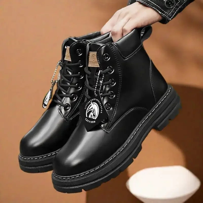2025 High Top Boots Men Leather Shoes Fashion Motorcycle Ankle Boots Men's Winter Boots Man Shoe Basketball Lace-Up Botas Hombre